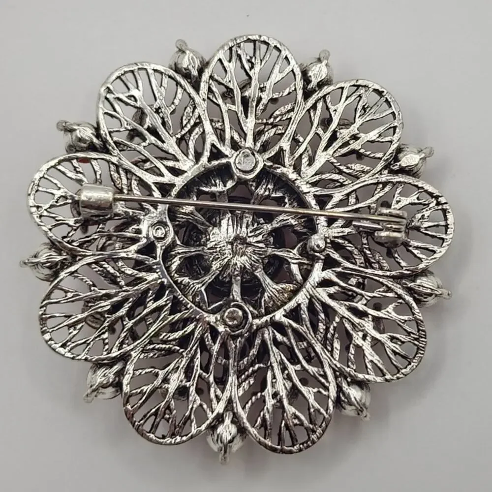 Round Double Layer Flower Brooch Reds and Oranges Faux Jewels